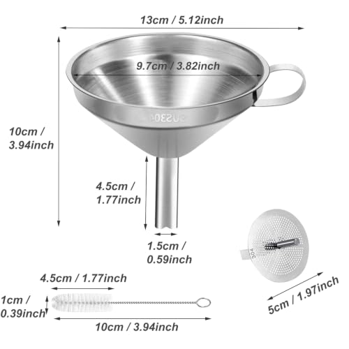 Stainless Steel Kitchen Funnel, 4.3-Inch Food Grade Metal Funnel with Strainer for Filling Bottles, Transferring Liquid, Oil, Juice, Milk