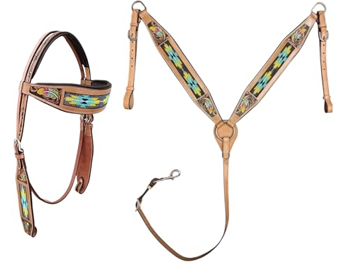 Majestic Ally Tooled Leather Western Headstall & Breast Collar Set – Handcrafted Leather, Classic Western Tack, Multiple Styles & Designs - style: 1063-NAT