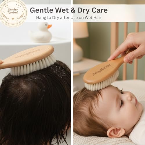 Wooden Baby Hair Brush with Natural Goat-Hair Bristles - Ultra Soft Baby Brush for Newborns & Infants with a Cotton Travel Pouch - Helps with Cradle Cap Care - 21cm Easy Grip Beech Wood Handle - size: Pack of 2