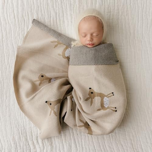 Knit Baby Swaddle Blanket - 100% Cotton Soft Cozy Receiving Swaddling Stroller Blanket Quilt for Shower Gift Registry for Newborns Infants Toddlers Gender Neutral (Deer - Taupe) - color: 07 - Deer - Taupe