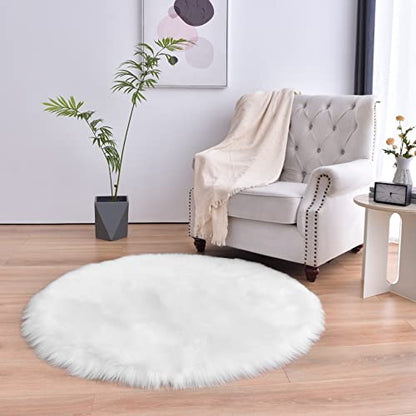 duduta White Faux Fur Sheepskin Round Rug 4x4 ft, Fluffy Shag Circle Rug - color: White, size: 4' x 4'