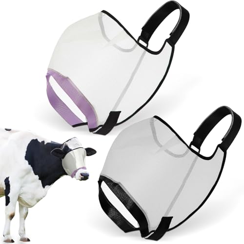 Abbylike 2 Pcs Cattle Livestock Fly Mask Adjustable Mesh Cow Mask with Elastic Chin Strap, Breathable Mesh Padded Large Spacing Forelock Opening Design Adjustable Fit for Cattle (White) - color: White
