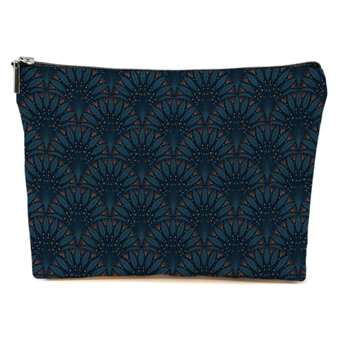 Peacock Fan Leaf Makeup Bag Navy Blue Gold Cosmetic Bag - color: Multicolor 1605