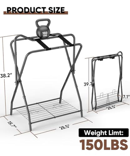 Queension Foldable Saddle Rack with Bottom Storage for Horse Stable, Black - style: Standing-Black