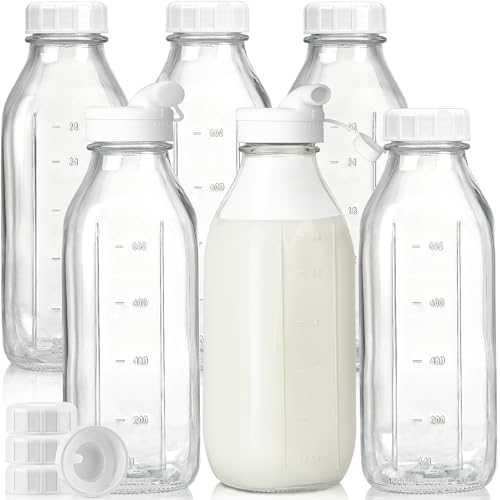 6 Pack 32 Oz Glass Milk Bottles with Lids,2 Dispenser Caps & Extra Lids