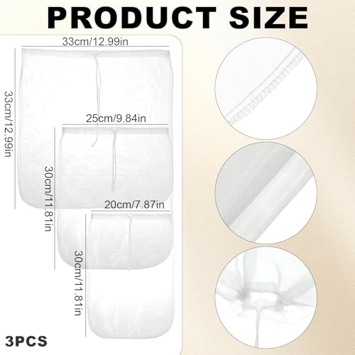 3Pcs Nut Milk Bag Reusable 80 Mesh Fine Nylon Juice Strainer Mesh Cheese Cloth Bag with Drawstring for Coffee,Yogurt,Soup,Purees,Juice(3Sizes)