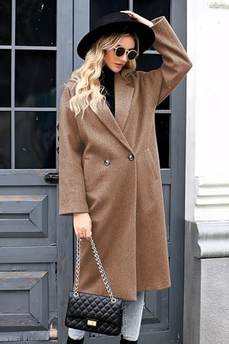 SAUKOLE Womens Winter Pea Coat Notch Lapel Double Breasted Wool Blend Oversized Overcoat with Pockets - color: 12#khaki, size: Small