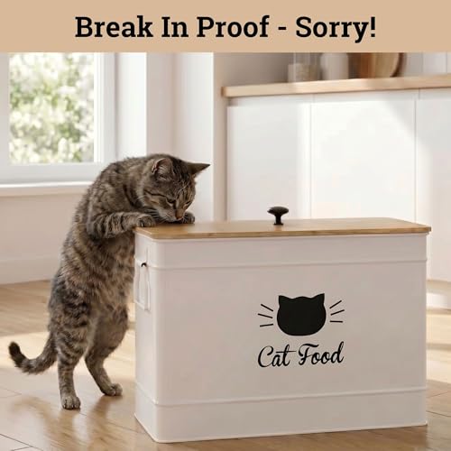 Metal Cat Food Container with Scoop, 15lb (50 Cup) w/ Airtight Bamboo Lid - color: White
