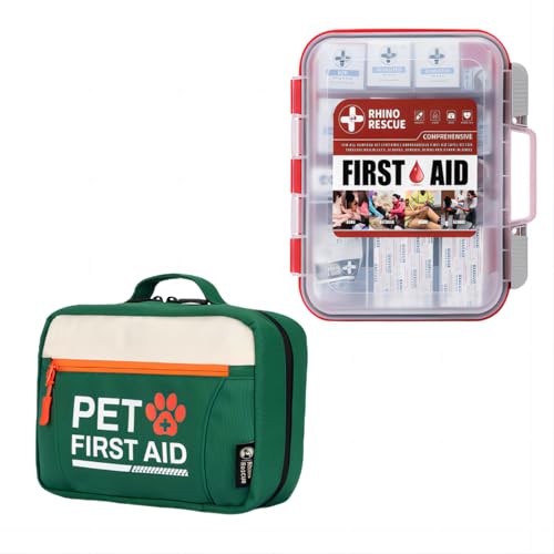 RHINO RESCUE Bundle - Pet First Aid Kit, Emergency Medical Supplies for Dogs & Cats, Safety Essentials Pack with Thermometer+350 Pieces OSHA All-Purpose First Aid Kit, Home & Office