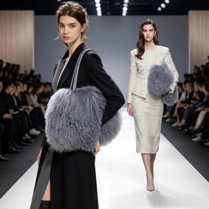 Women Luxury Real Curly Mongolian Lamb Fur Purse - color: Gray