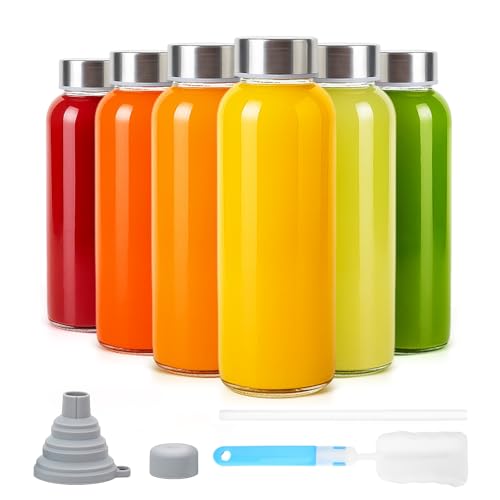 Sursip 10 oz Glass Juice Bottles, 6 Pack, Leakproof Stainless Lids - color: Silver lid- 6 pack, size: 10 OZ