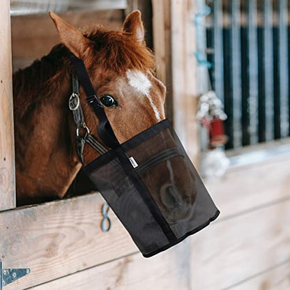Horse Feed Bag, Nylon Mesh Grain Horse Feed Bucket (Black 2P) | with Adjustable Strap Comfortable Neck Pad Nose Pad and Waterproof Bottom - color: Black