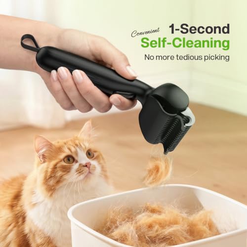 Self-Cleaning Deshedding Dog Cat Brush, Thick Double Coat Undercoat Rake - color: Black