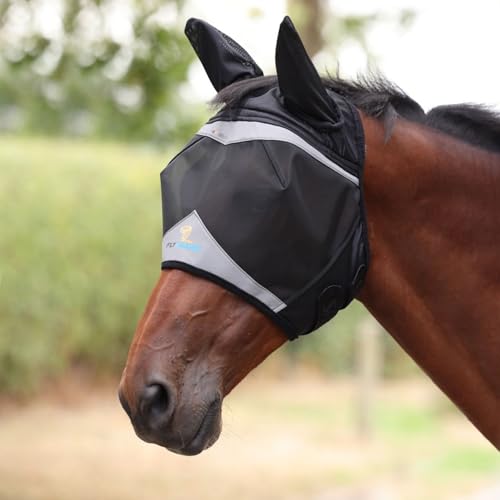 Shires FlyGuard Pro Fine Mesh Fly Mask with Ears & Open Forelock – Extra Full Size | Lightweight Breathable Mesh Fly & Insect Protection |Turnout, Grazing & Stable Use | Jet Colour - color: Jet, size: Extra Full