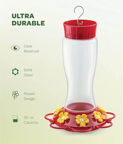 20 oz Red Glass Hummingbird Feeder [2 Pack] with Built-in Ant Guard - size: 20 oz - 2 Pack