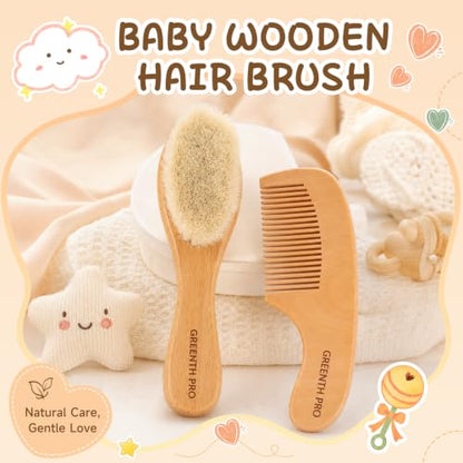 GREENTH PRO Baby Hair Bush and Comb Set -Nature Lotus Wood with Soft Goat Bristle and Pear Wood Comb for Newborns & Toddlers, Ideal for Cradle Cap