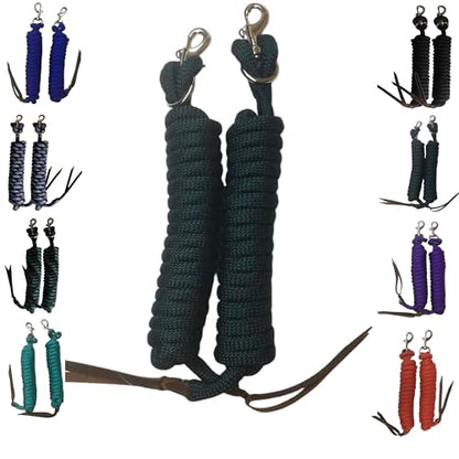 Majestic Ally 14' Pack of 2 Poly Training Lead Rope with Leather Popper for Horses & Livestock – 14 Foot Long and 5/8 inch Thick - Replaceable Heavy-Duty Bolt Snap (Hunter Green) - color: Hunter Green