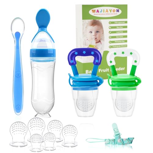 Baby Fruit Feeder Pacifier - 5 Pack | 2 Baby Food Feeder Pacifier & 1 Infant Food Dispensing Spoon | Fresh Fruit Teethers for Babies | Shower Gifts for Boys and Girls (Blue & Green) - color: 07-Blue