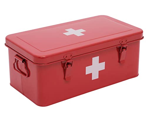 First Aid Medicine Box, First Aid Kit Supplies Bin, Metal Medicine Storage Tin, First Aid Empty Box with Safety Lock for Home Emergency Tool Set-Red - color: Red