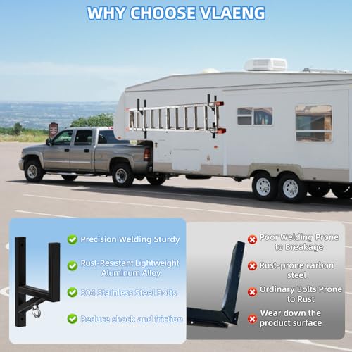 Cargo Trailer Ladder Rack-200lb Load-Carry 1-2 Ladders-Adjustable Aluminum Side Mount RV Ladder Rack-Rubber Pads/Bungee Cords/Hooks for Open/Enclosed Trailer/Garage/Shed Exterior/Interior Wall