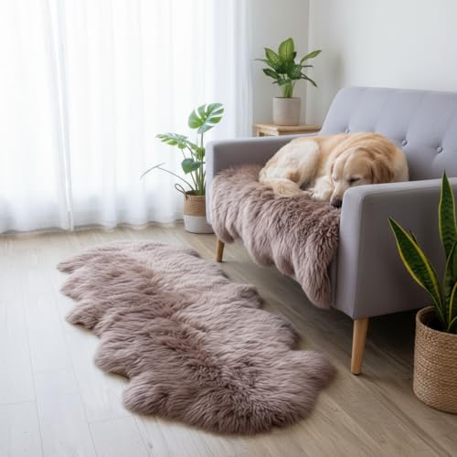 Premium Genuine Sheepskin Rug 2' x 6' Long Fur Soft & Natural Bedside Area Rug, Tan, Double Pelt - color: Tan, size: 2' x 6' (Natural)