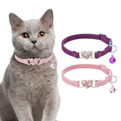 BINGPET Cat Collar Breakaway with Bell, Bling Kitten Collar,Pink&Purple - color: Heart (Pink + Purple)-2pcs