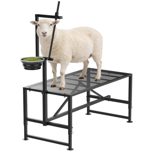 600 Lbs Goat Milking Stand with Feed Bin, Heavy Duty Goat Stand for Milking, Hoof Trimming & Grooming, Adjustable Goat Stanchion for Sheep and Goats, Iron Black - color: Black, size: L-47*23 Inch