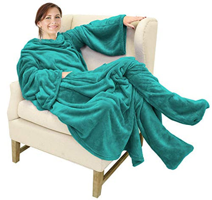 Catalonia Wearable Blanket with Sleeves & Foot Pocket for Adults - color: Green, size: Fleece