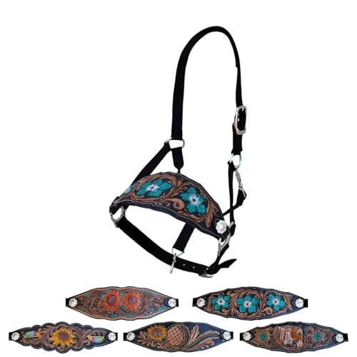 Majestic Ally Equestrian Designer Bronc Halter for Horses, Hand-Tooled Leather Nose, Padded Nylon Crown and Noseband - style: Turquoise Carnation