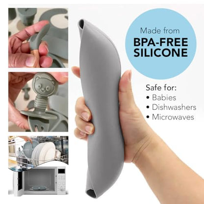 Silicone Baby Feeding Set Moon Gray Infant Tableware Collection with Bib Suction Bowl Utensils Straw Cup Snack Container - color: Moon Gray