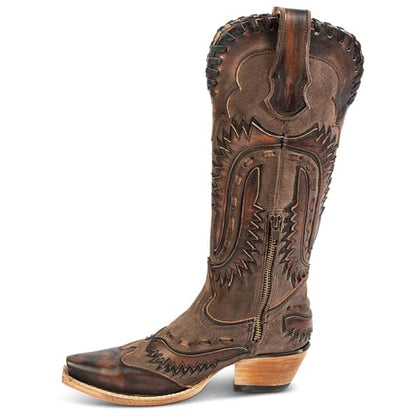 Yishaweiqi Embroidered Cowboy Boots for Women Mid Calf Cowgirl Boots Side Zipper Chunky Heel Snip Toe Knee High Western Boots - color: Dark Brown, size: 9.5