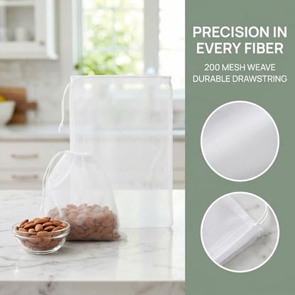 200 MESH Nut Milk Bag, 2 Sizes (6"x8" & 8"x12"), Reusable Food Grade Nylon Fine Mesh Strainer Bags with Drawstring for Juice, Soy Milk, Cold Brew Coffee, Tea