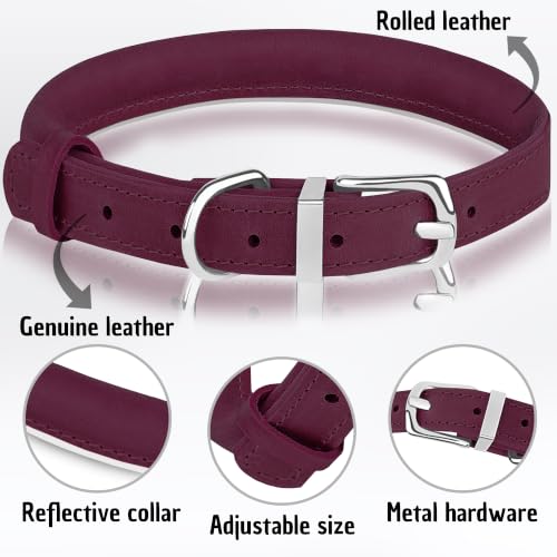 OOPSDOGGY Rolled Leather Dog Collar Reflective – Genuine Leather Round Dog Collar for Small Medium Large Dogs (Burgundy, 12" – 15") - color: Burgundy, size: 12" – 15"