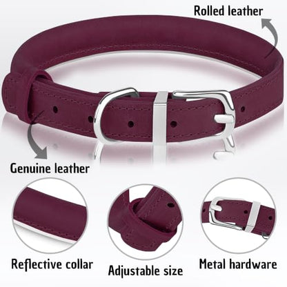 OOPSDOGGY Rolled Leather Dog Collar Reflective – Genuine Leather Round Dog Collar for Small Medium Large Dogs (Burgundy, 20" – 24") - color: Burgundy, size: 20" – 24"