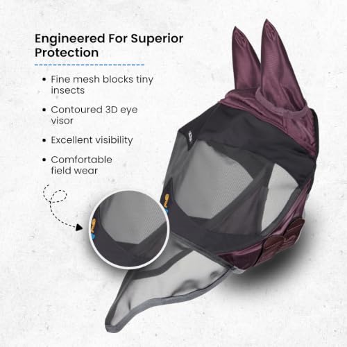 Shires Flyguard Pro Deluxe Horse Fly Mask with Ears & Nose - UV Protection & Fine Mesh Black Cherry/Cob - color: Black Cherry, size: Cob
