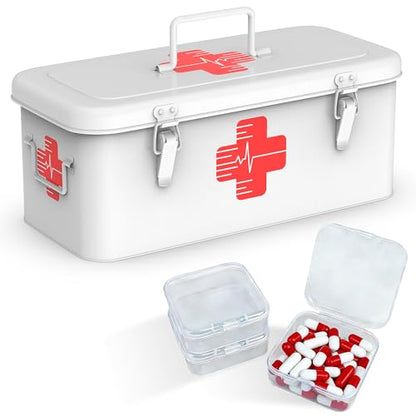 Orionstar Metal First Aid Box with Handle, 3 Pill Organizers, White - color: White