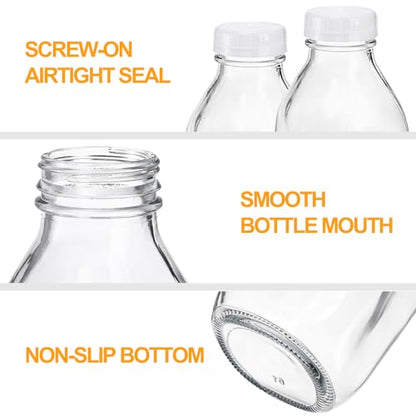 Bekith 6 Pack Liter Glass Milk Bottles with Airtight Screw Lid, 32 Oz Glass Juice Bottles, Reusable Glass Beverage Drinking Jar Juice Container for Milk, Honey, Jam (Extra 6 Lid with Silicone Gasket)