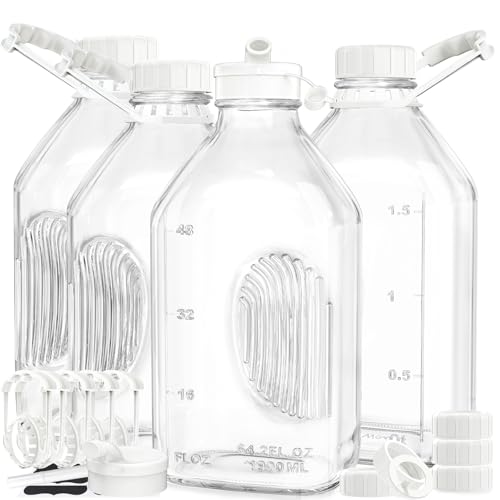 Syntic 4 Pack 64 Oz Glass Milk Bottles with Lids,Measurement Marks | Scale Marks, 2 Pour Spouts & Airtight Lids for Milk, Juice, Water, Breast Milk Storage, Refrigerator Storage & Daily Use - style: 4 Pack
