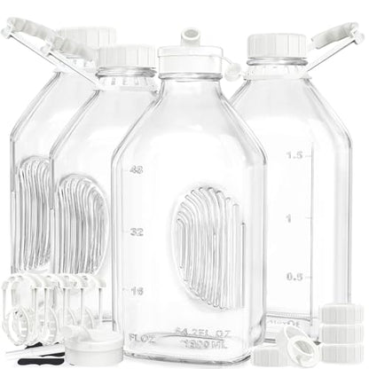 Syntic 4 Pack 64 Oz Glass Milk Bottles with Lids,Measurement Marks | Scale Marks, 2 Pour Spouts & Airtight Lids for Milk, Juice, Water, Breast Milk Storage, Refrigerator Storage & Daily Use - style: 4 Pack