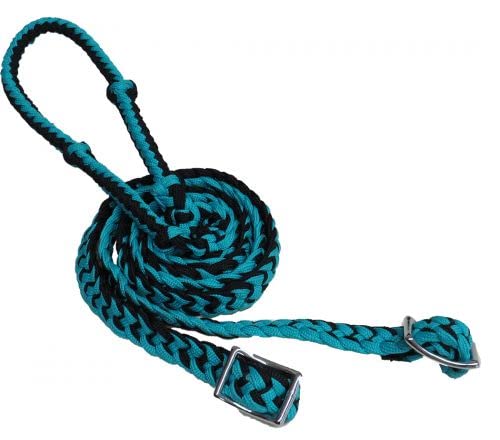 Showman 7' Braided Knotted Nylon Roping Barrel Racing Contest Reins - color: Teal / Black