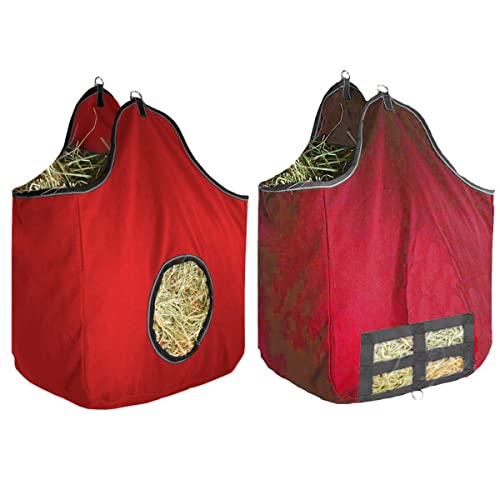 Derby Originals Large 24 OZ Canvas Horse Hay Bag 2 Sided Combo Design X Wide Gusset and 6 Month Warranty - color: Red/Gray
