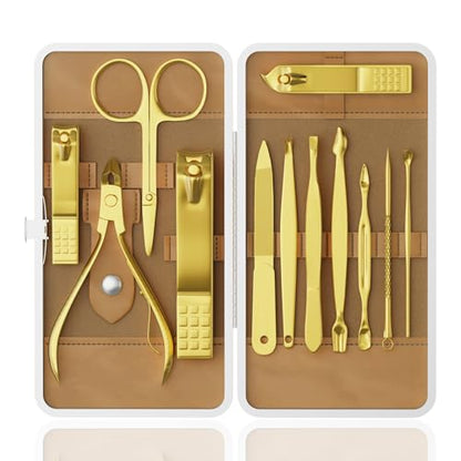 Manicure Set, Stainless Steel Nail Clipper Set with Travel Case | 12-Piece Set with Thicker Steel, Precision-ground Cutting Edges, and Smooth-finished Tools for Clean, Precise Trimming. - color: Gold