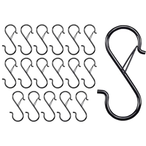 18 PCS S Hooks for Hanging, 3.5 Inch Heavy Duty S Hooks with Safety Buckle, Metal Hook for Closet, Kitchen, Plants, Hanging Plant Hooks for Clothes, Bags, Cups, Utensils (Black, 18PCS) - size: 18PCS