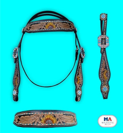 Majestic Ally Hand-Tooled Designer Padded Leather Horse Browband Headstall Breastcollar Set, Browband Headstall, Breastcollar (Headstall)