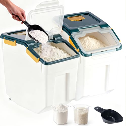 RUIAN 2Pcs Large Flour Storage Container Bin 50Lb Airtight Rice Storage Containers with Wheels Seal Locking Lid, BPA Free with Measuring Cup&Scoop for Flour, Rice, Grain 100LBS Total (Blue) - color: Blue,2 pcs,50lb
