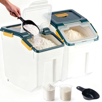 RUIAN 2Pcs Large Flour Storage Container Bin 50Lb Airtight Rice Storage Containers with Wheels Seal Locking Lid, BPA Free with Measuring Cup&Scoop for Flour, Rice, Grain 100LBS Total (Blue) - color: Blue,2 pcs,50lb