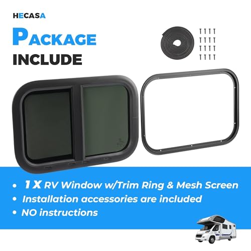 HECASA 21"W x 14"H RV Window w/Trim Ring & Mesh Screen Teardrop Tinted | Horizontal Side Window For Trailer, Camper, Truck Tempered Glass Aluminium Rubber Plastic Black - size: 21" W x 14" H