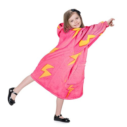 Solaris Thunder Lightning Kids Wearable Blanket Hoodie - Cozy Warm Sherpa Fleece Sweatshirt Pullover with Larger Pocket for Teens, Girls, Boys - color: Thunder Pink