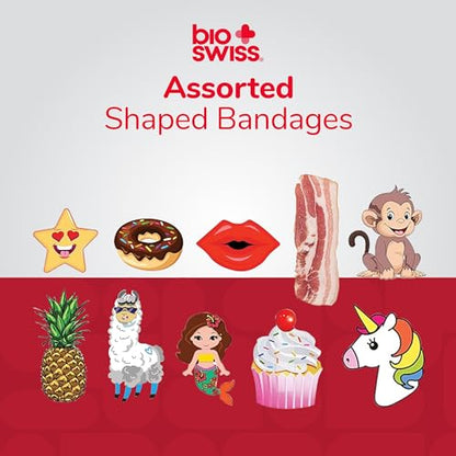 BioSwiss Bandages, Assorted Animal, Fun, and Food Shaped Self Adhesive Bandage Set, Latex Free, Sterile Wound Care, 100 Count - size: 100 Piece Assortment, style: Assorted Shapes