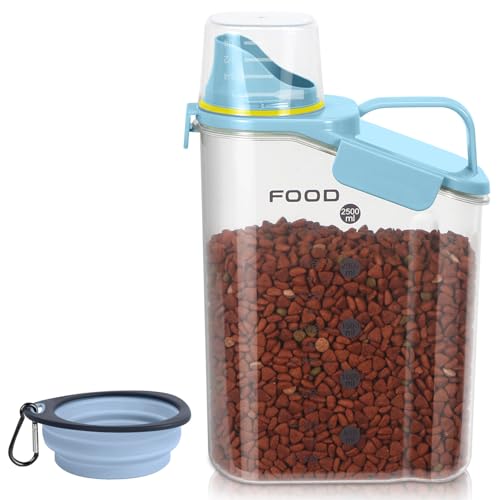 LEAWALK 3-5 LBS Cat Dog Food Storage Container Upgraded Large Nozzle BPA-free, Plastic Pet Food Storage Containers With 4 Sealed Clasps, 1 Measuring Cup and With Folding Bowl (Blue 1Pack)